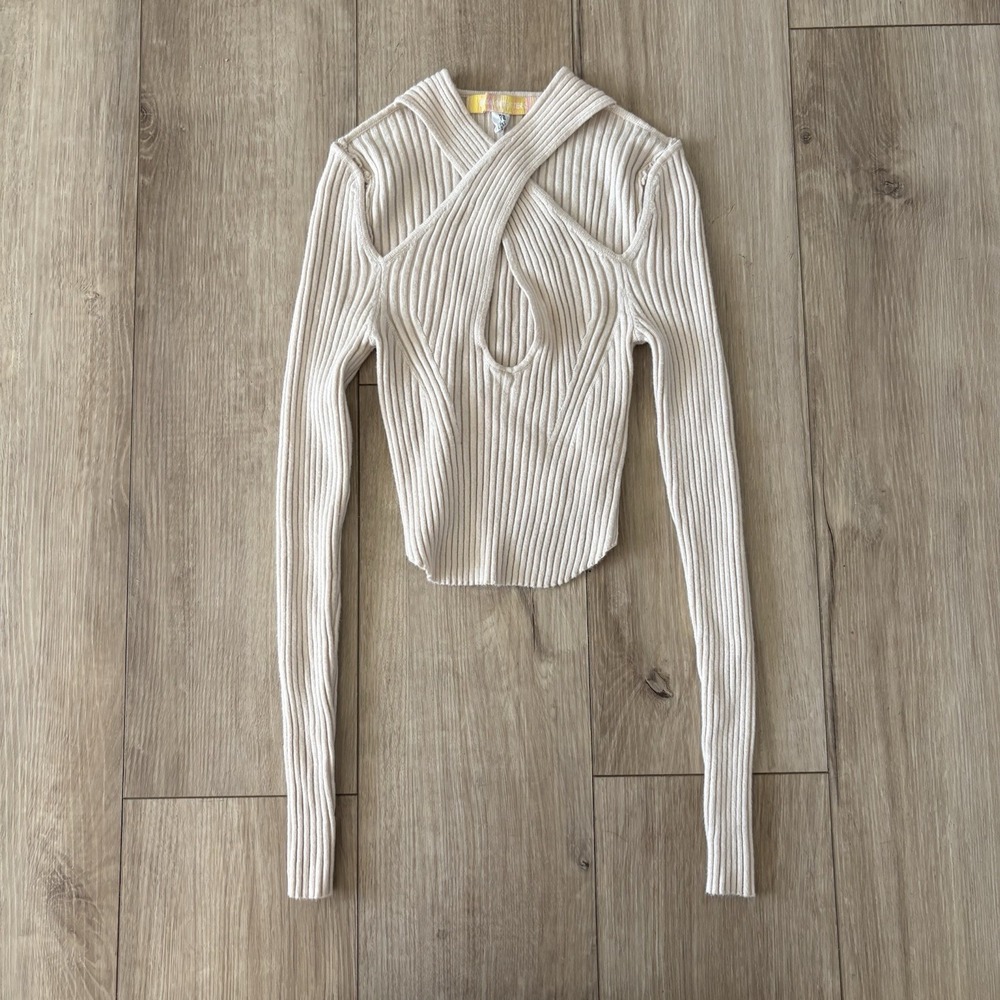 Urban Outfitters Top Womens XS Beige Ribbed Crop V-Neck Long Sleeve